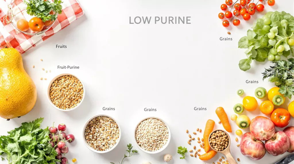 Low purine foods: fruits, grains, vegetables
